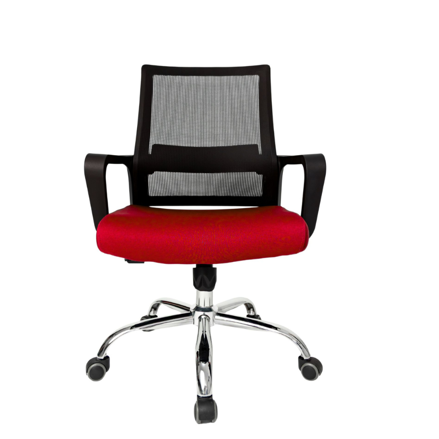 Silla Operativa Zen OffiMobile, asiento rojo, base cromada, vista frontal.