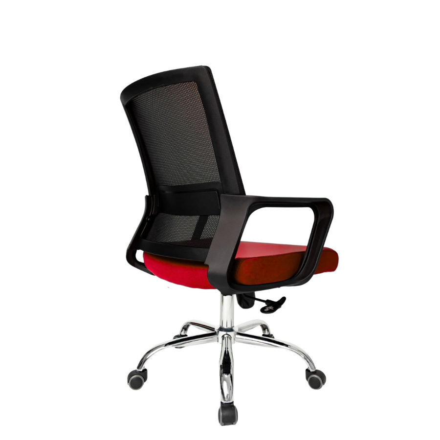 Silla Operativa Zen OffiMobile, asiento rojo, base cromada, vista posterior oblicua.