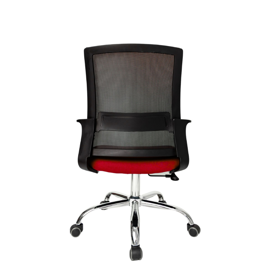 Silla Operativa Zen OffiMobile, asiento rojo, base cromada, vista posterior.