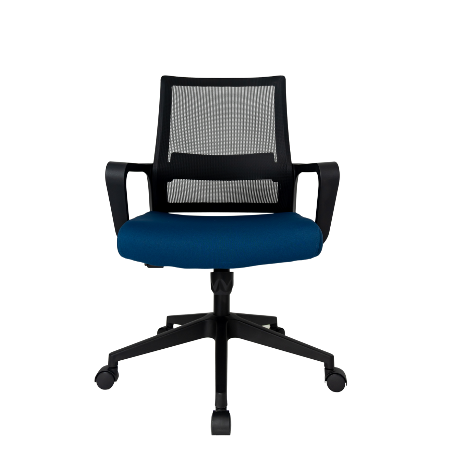Silla Operativa Zen OffiMobile, asiento azul, base negra, vista frontal.