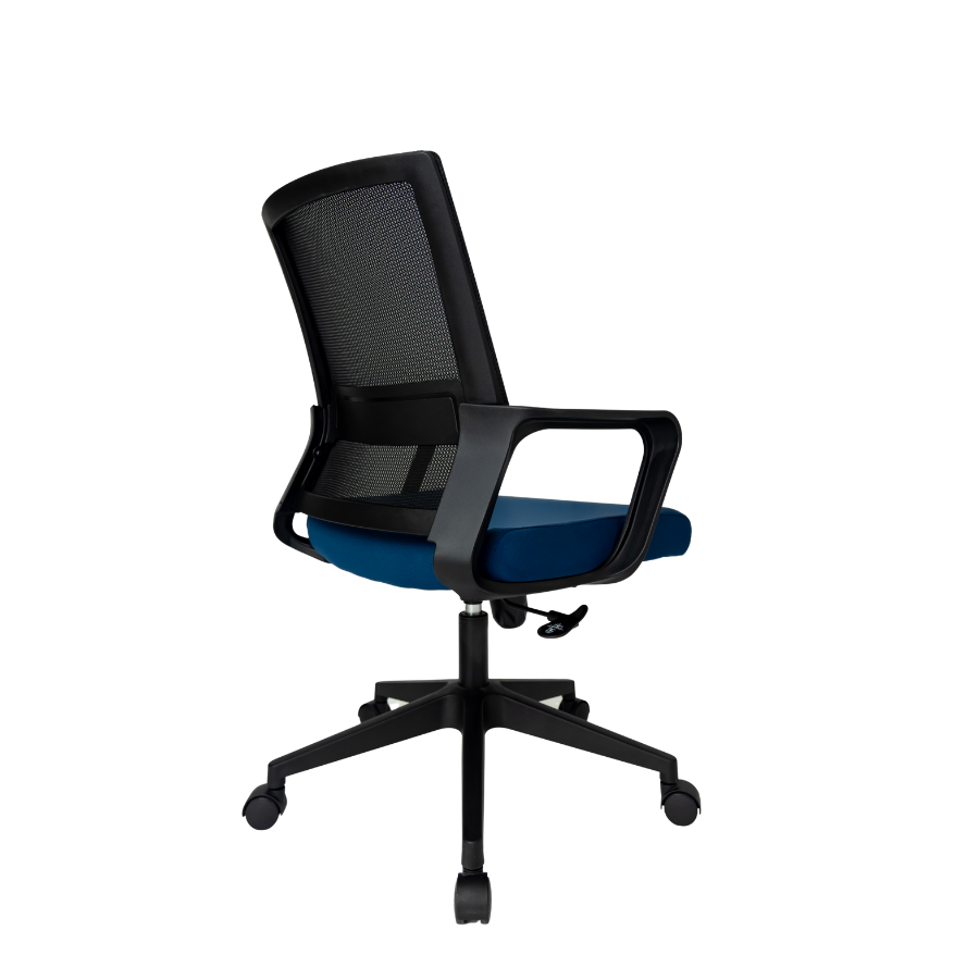 Silla Operativa Zen OffiMobile, asiento azul, base negra, vista posterior oblicua.