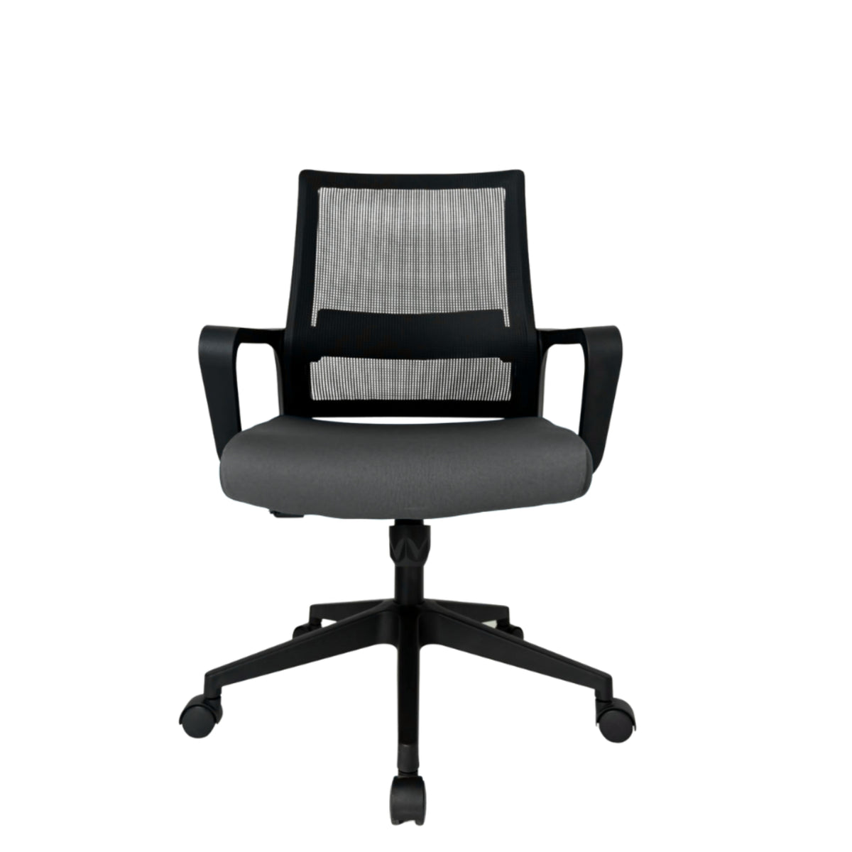 Silla Operativa Zen OffiMobile, asiento gris, base negra, vista frontal.