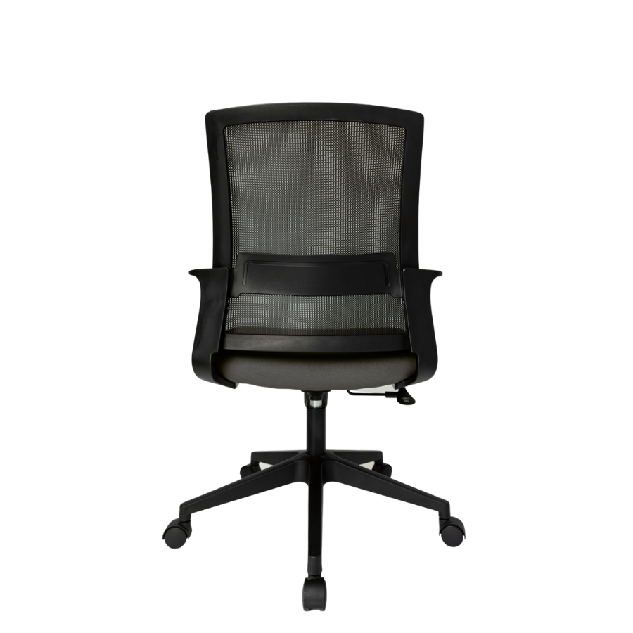Silla Operativa Zen OffiMobile, asiento gris, base negra, vista posterior.
