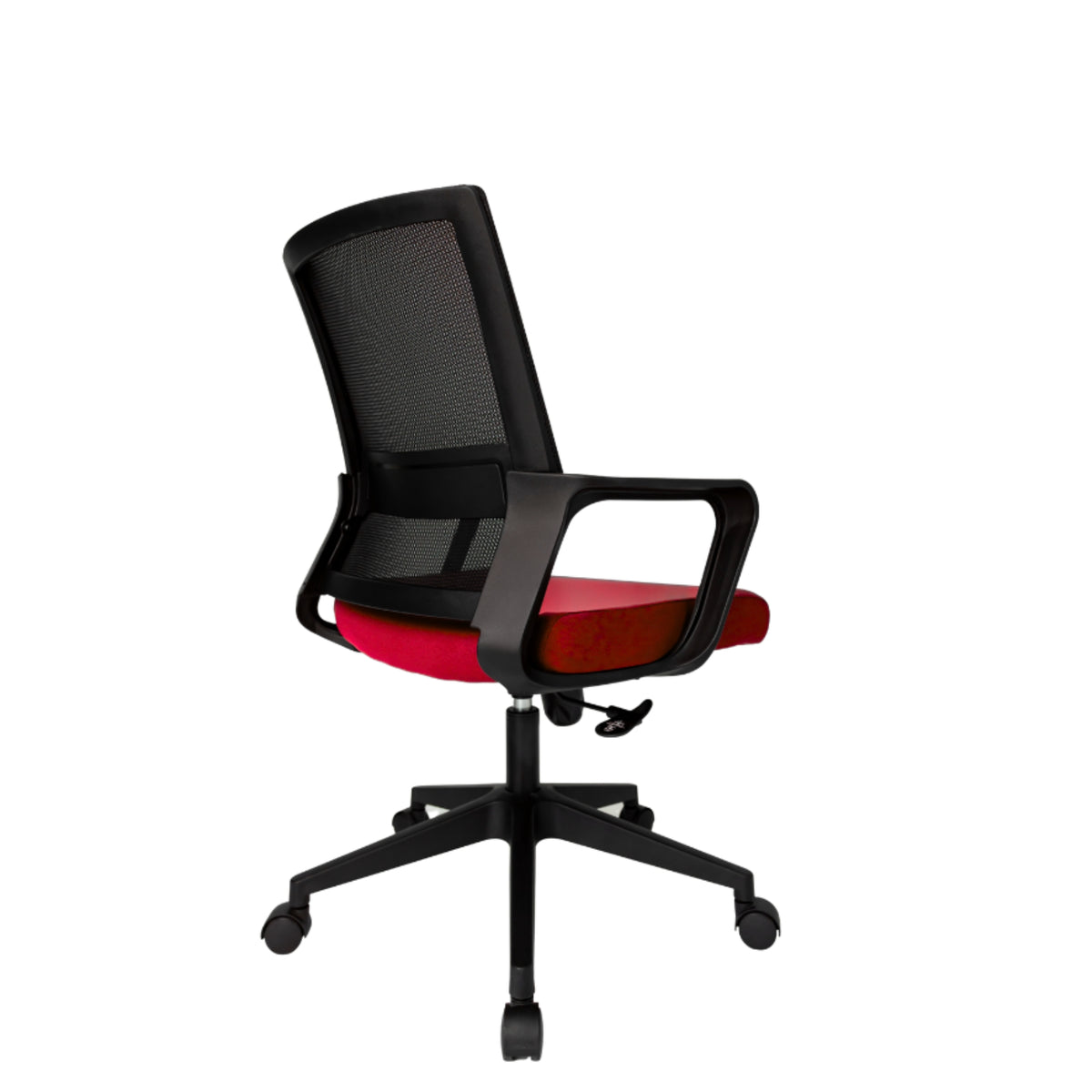 Silla Operativa Zen OffiMobile, asiento rojo, base negra, vista posterior oblicua.