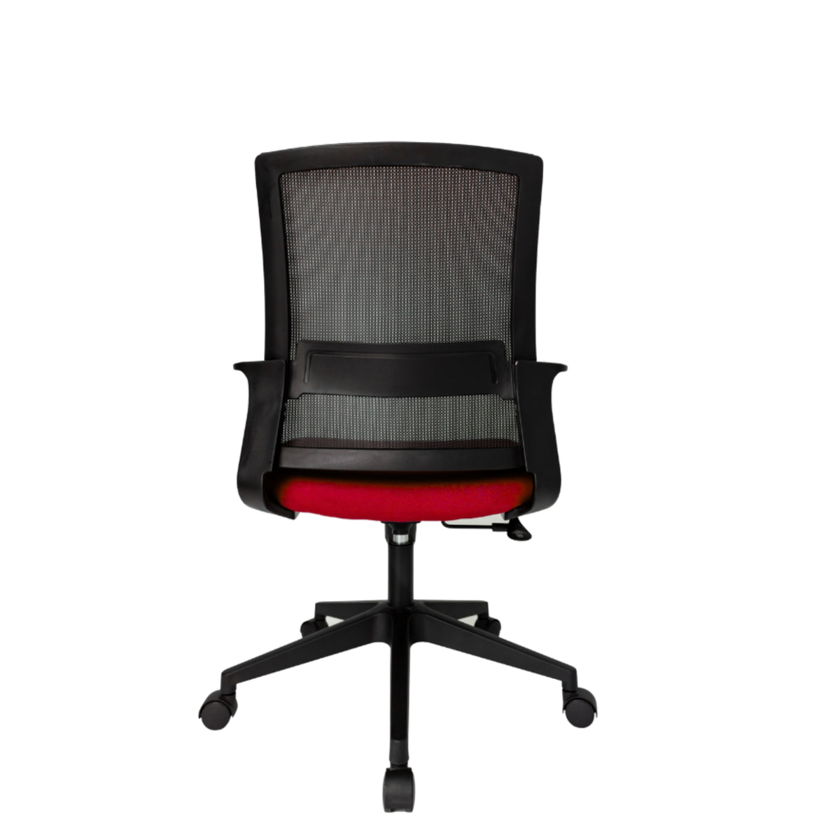 Silla Operativa Zen OffiMobile, asiento rojo, base negra, vista posterior.