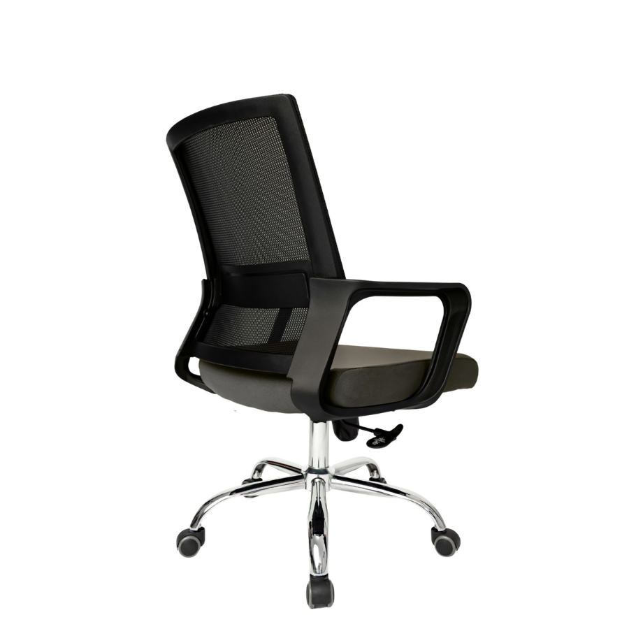 Silla Operativa Zen Plus OffiMobile, asiento gris, base cromada, vista posterior oblicua.