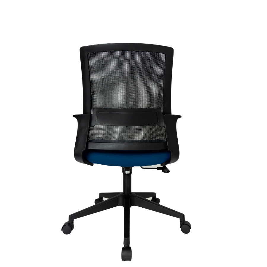 Silla Operativa Zen Plus OffiMobile, asiento azul, base negra, vista posterior.