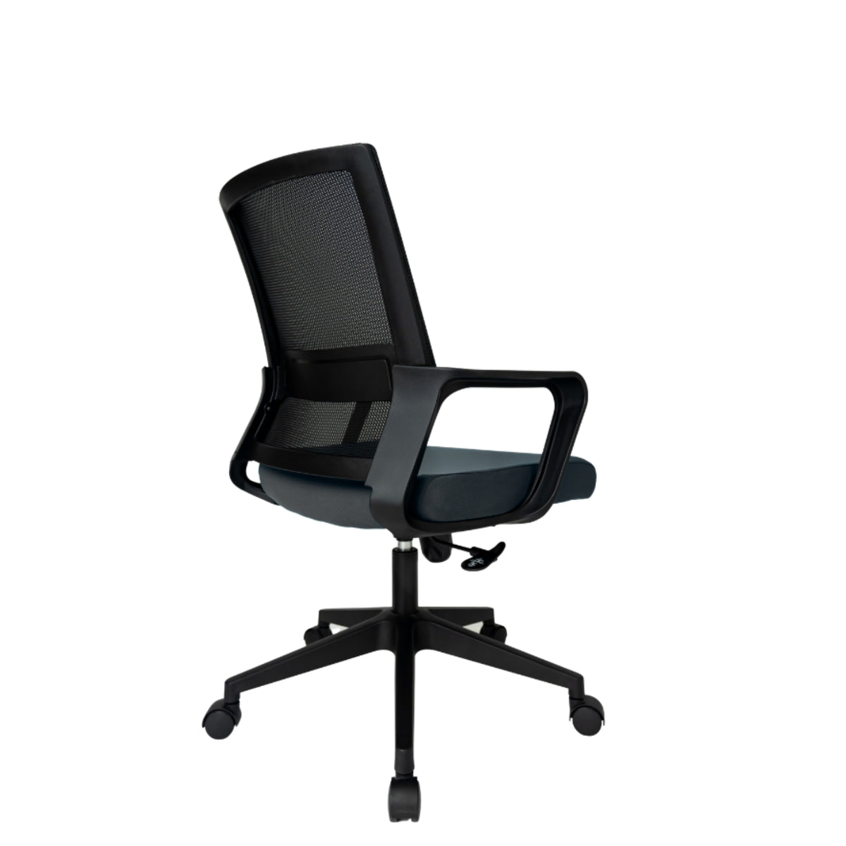 Silla Operativa Zen Plus OffiMobile, asiento gris, base negra, vista posterior oblicua.
