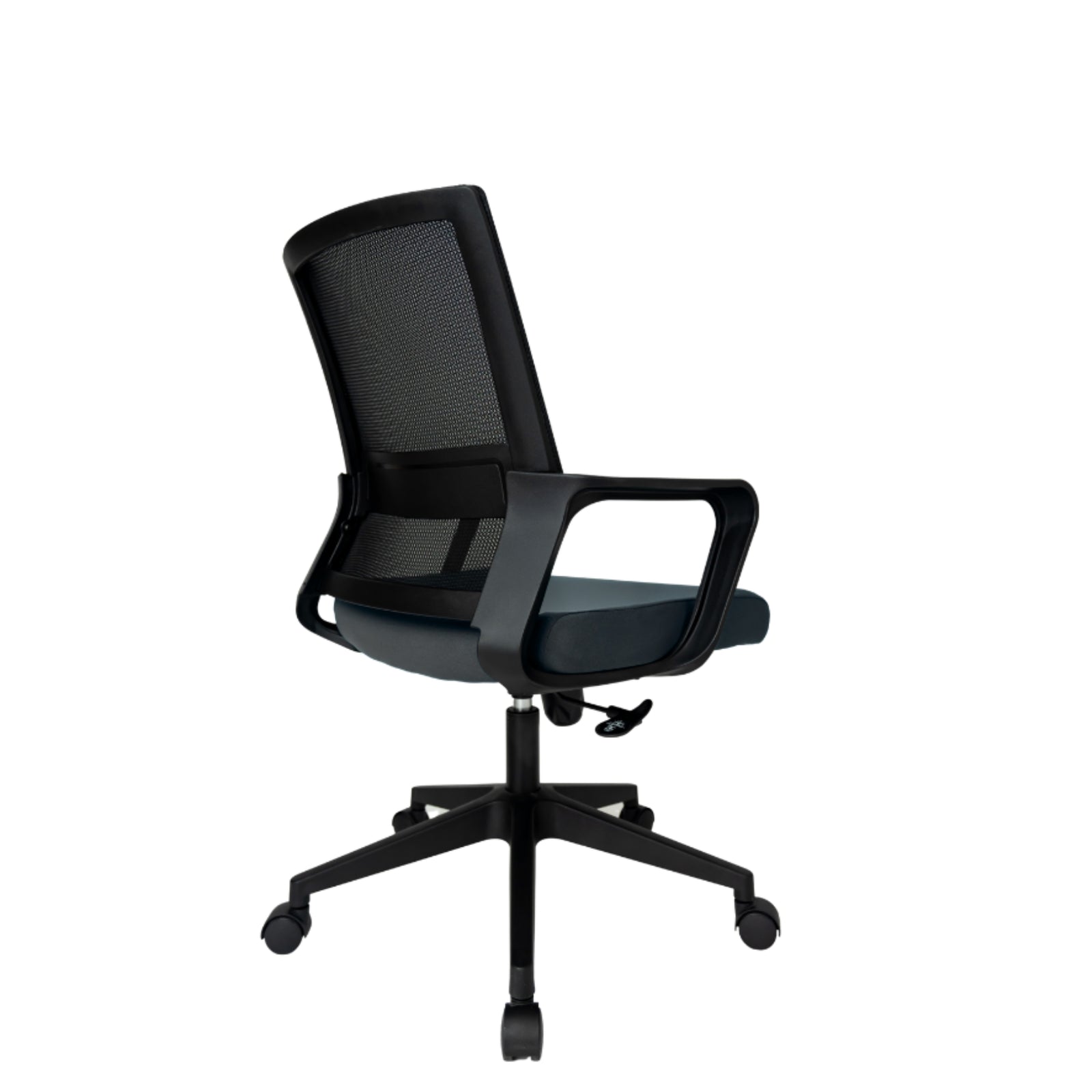 Silla Operativa Zen Plus OffiMobile, asiento gris, base negra, vista posterior oblicua.