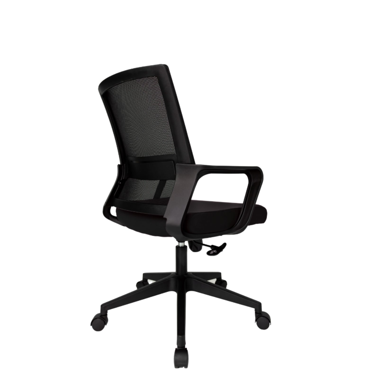 Silla Operativa Zen Plus OffiMobile, asiento negro, base negra, vista posterior oblicua.