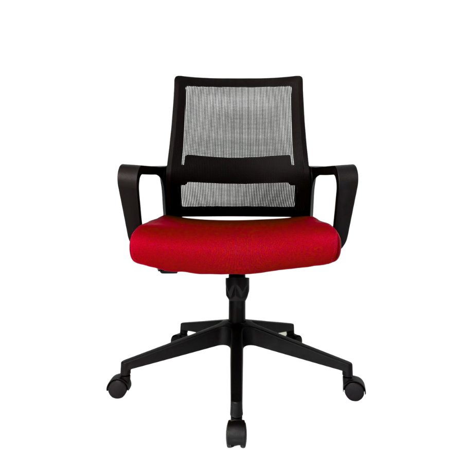 Silla Operativa Zen Plus OffiMobile, asiento rojo, base negra, vista frontal.