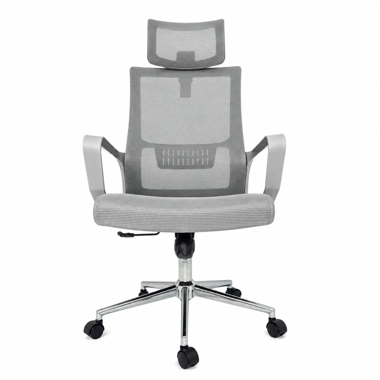 Silla Operativa Zoom Gris Alta OffiMobile, asiento y malla gris, cabecera y base cromada, vista frontal.