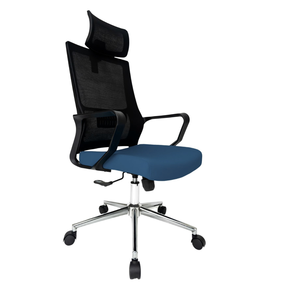 Silla Operativa Zoom Alta OffiMobile, asiento azul, estructura y malla negras, base cromada, vista frontal oblicua.