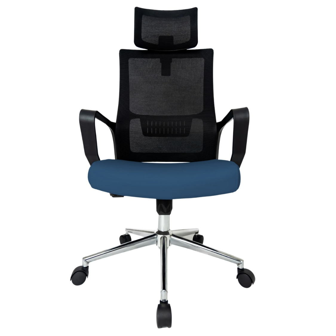Silla Operativa Zoom Alta OffiMobile, asiento azul, estructura y malla negras, base cromada, vista frontal.