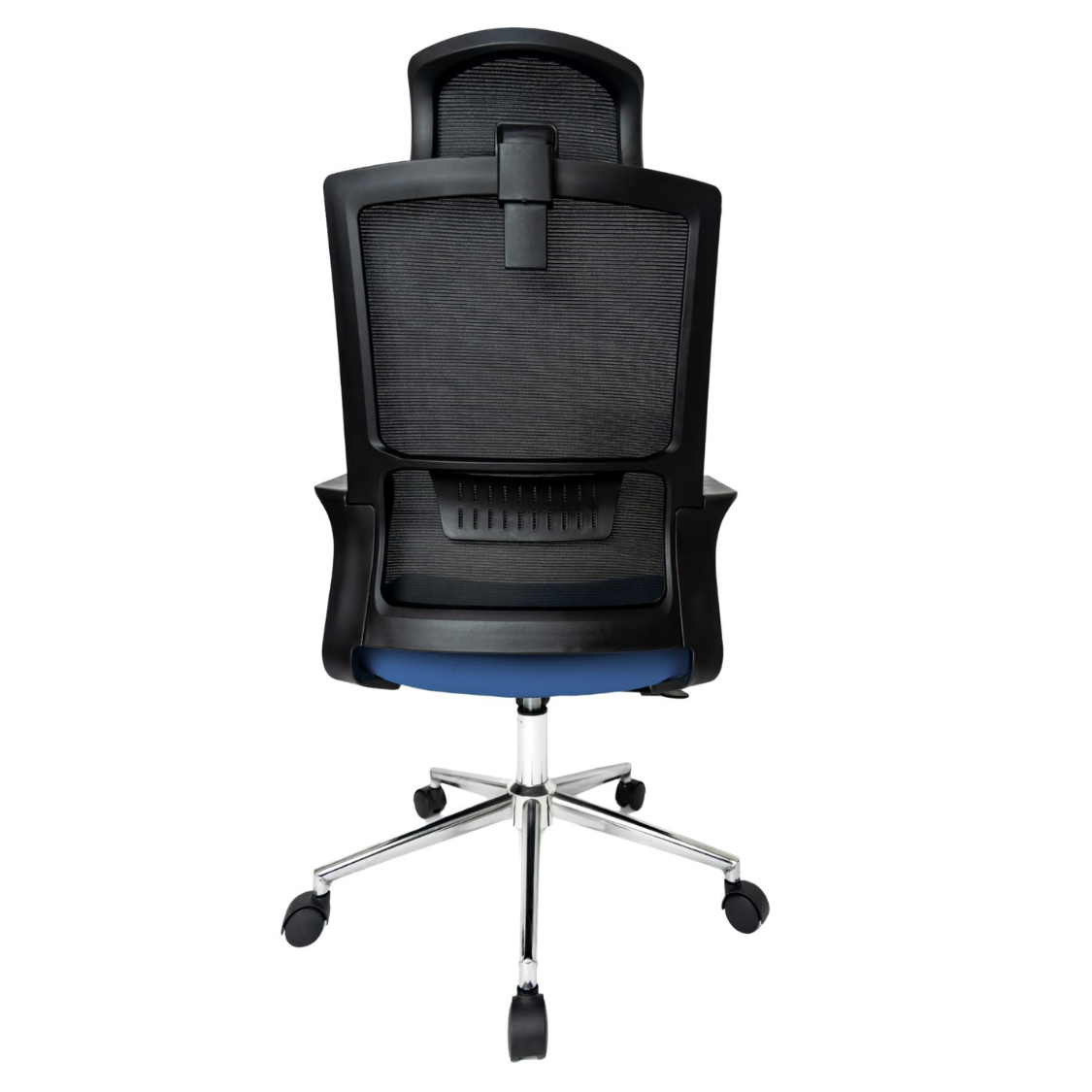 Silla Operativa Zoom Alta OffiMobile, asiento azul, estructura y malla negras, base cromada, vista posterior.