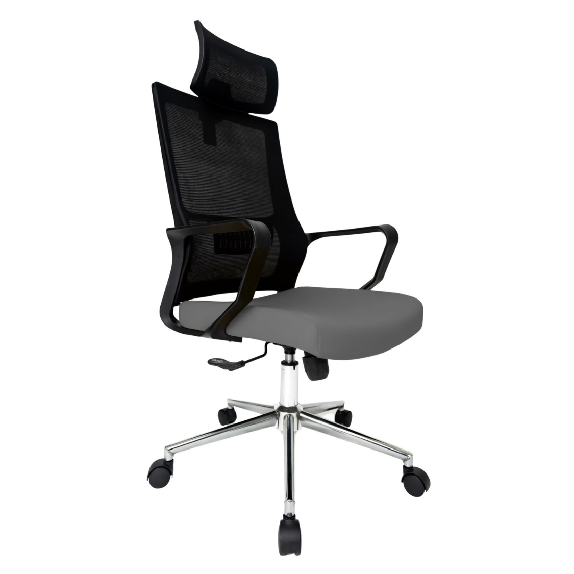 Silla Operativa Zoom Alta OffiMobile, asiento gris, estructura y malla negras, base cromada, vista frontal oblicua.