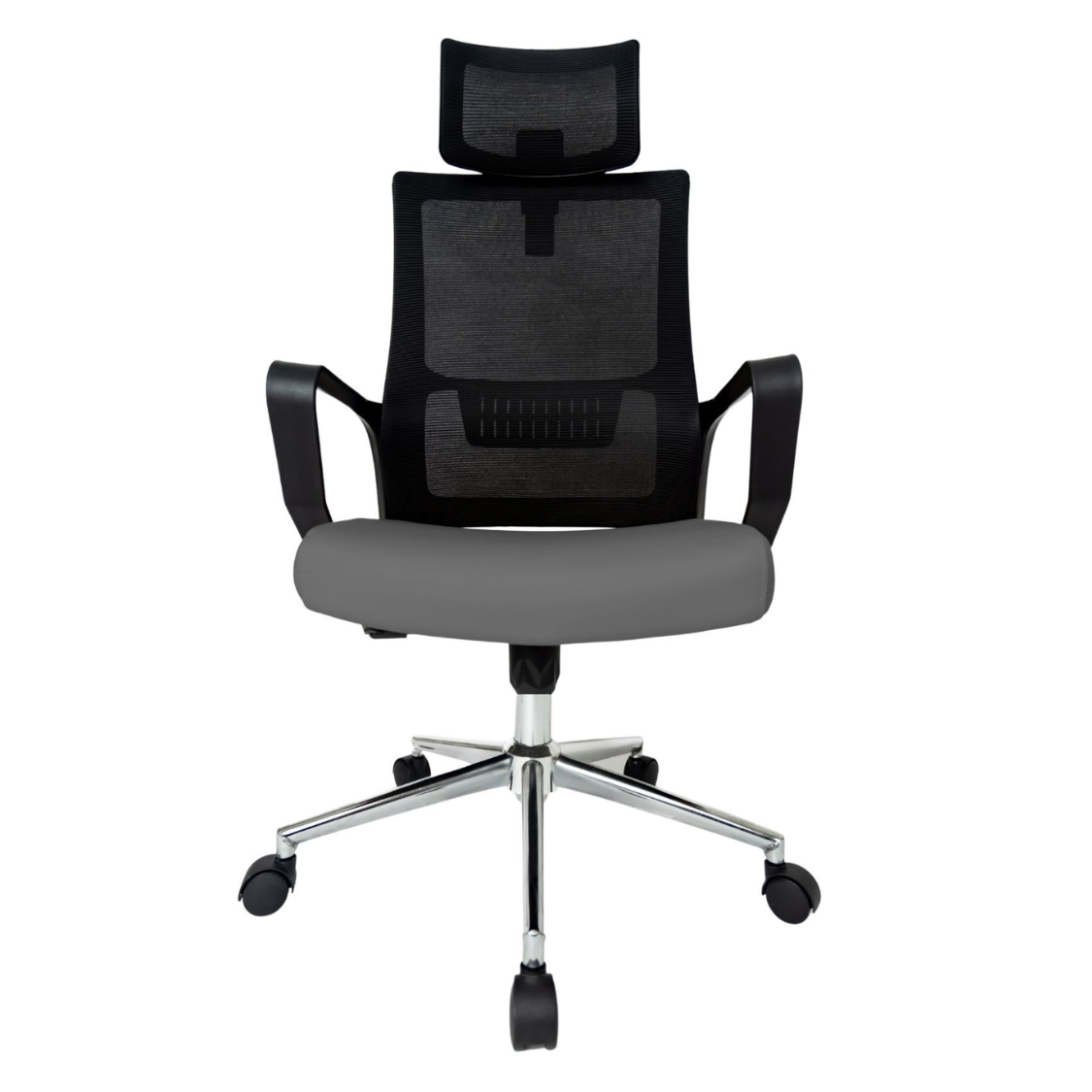 Silla Operativa Zoom Alta OffiMobile, asiento gris, estructura y malla negras, base cromada, vista frontal.