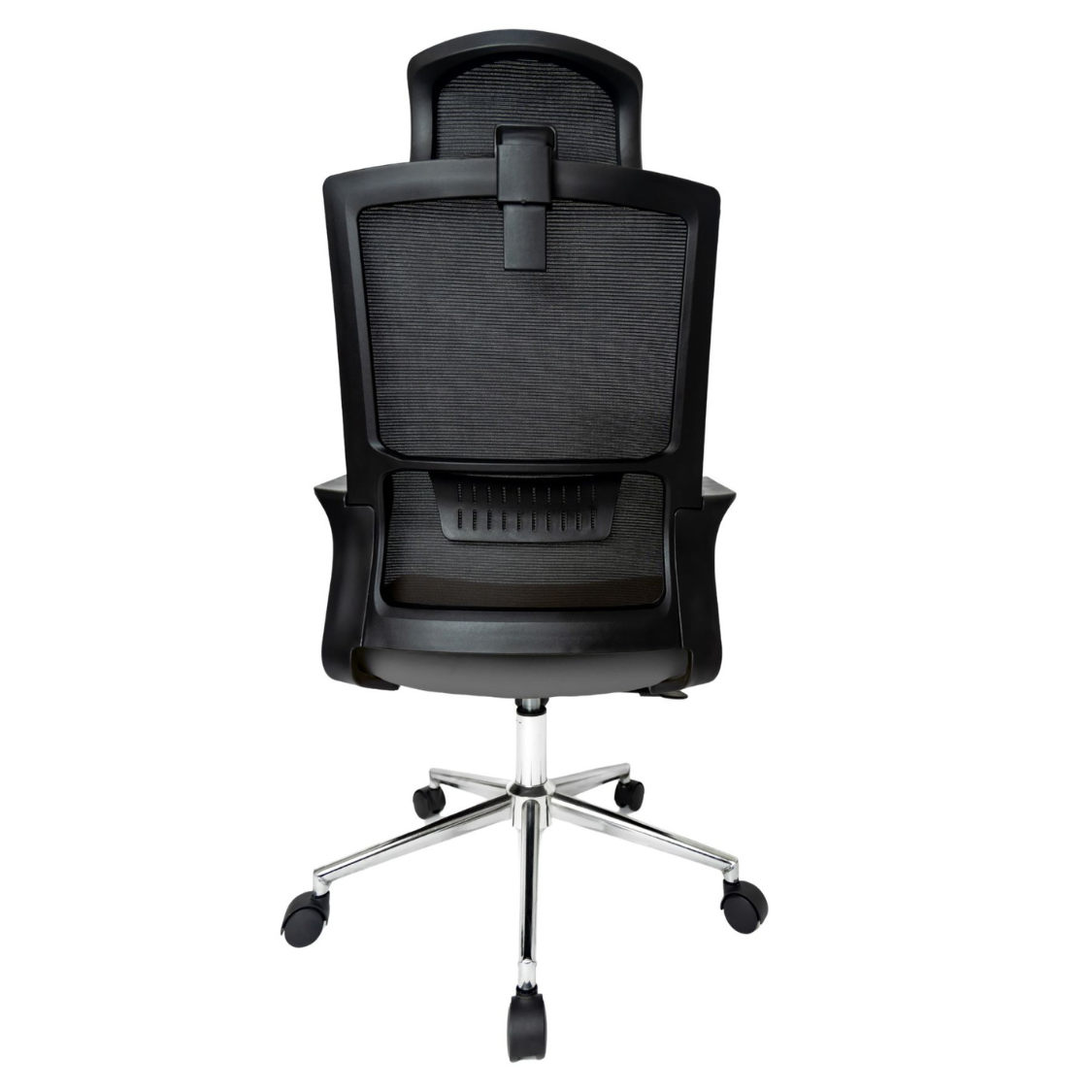 Silla Operativa Zoom Alta OffiMobile, asiento gris, estructura y malla negras, base cromada, vista posterior.