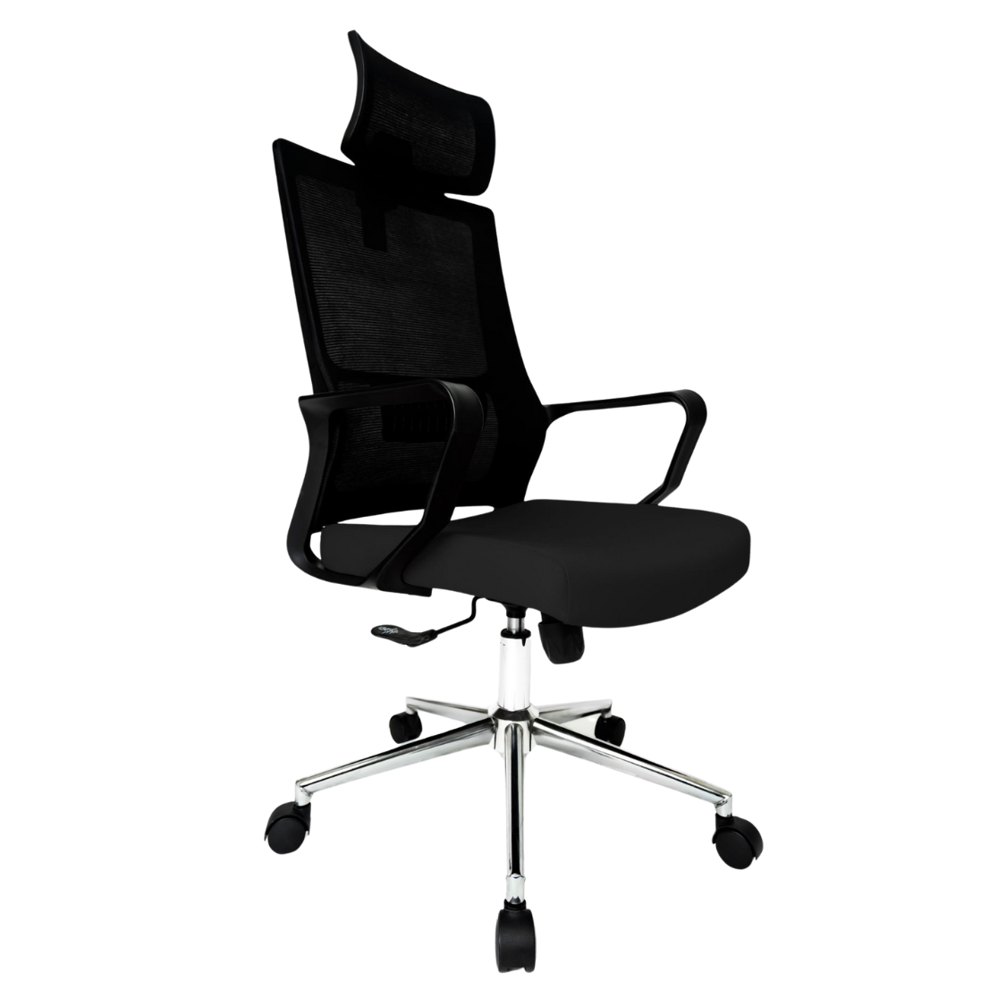 Silla Operativa Zoom Alta OffiMobile, asiento negro, estructura y malla negras, base cromada, vista frontal oblicua.