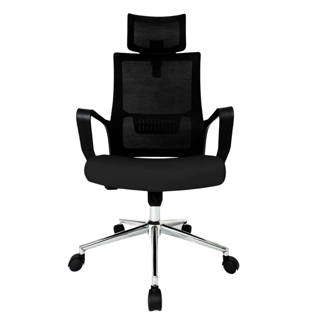 Silla Operativa Zoom Alta OffiMobile, asiento negro, estructura y malla negras, base cromada, vista frontal.
