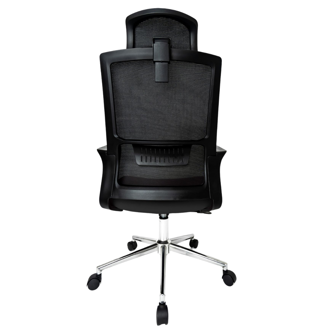 Silla Operativa Zoom Alta OffiMobile, asiento negro, estructura y malla negras, base cromada, vista posterior.