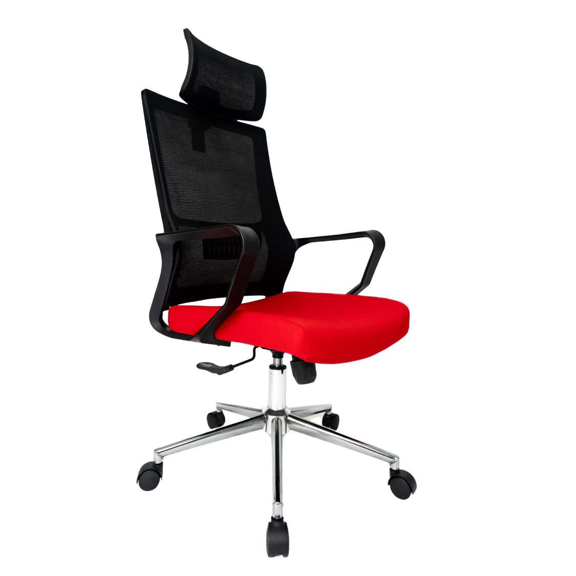 Silla Operativa Zoom Alta OffiMobile, asiento rojo, estructura y malla negras, base cromada, vista frontal oblicua.