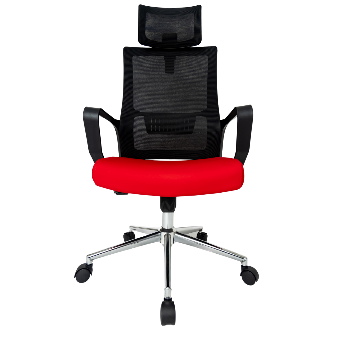 Silla Operativa Zoom Alta OffiMobile, asiento rojo, estructura y malla negras, base cromada, vista frontal.