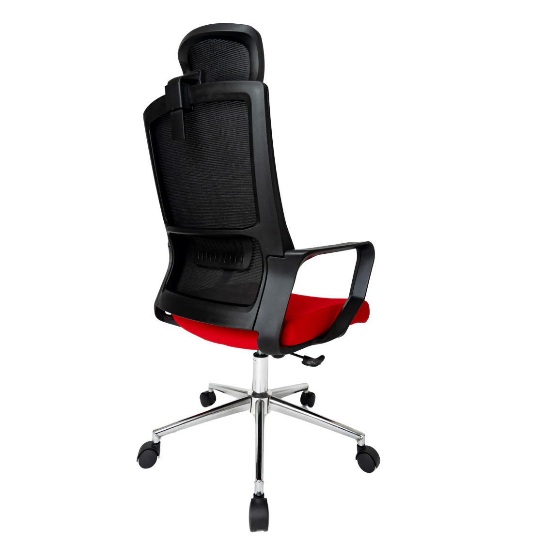 Silla Operativa Zoom Alta OffiMobile, asiento rojo, estructura y malla negras, base cromada, vista posterior oblicua.