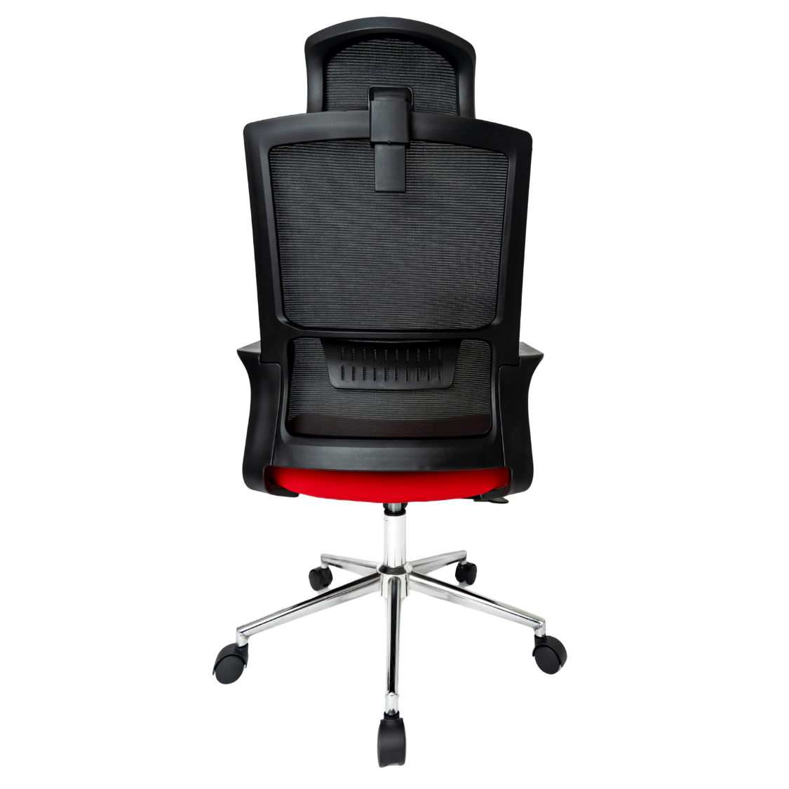 Silla Operativa Zoom Alta OffiMobile, asiento rojo, estructura y malla negras, base cromada, vista posterior.