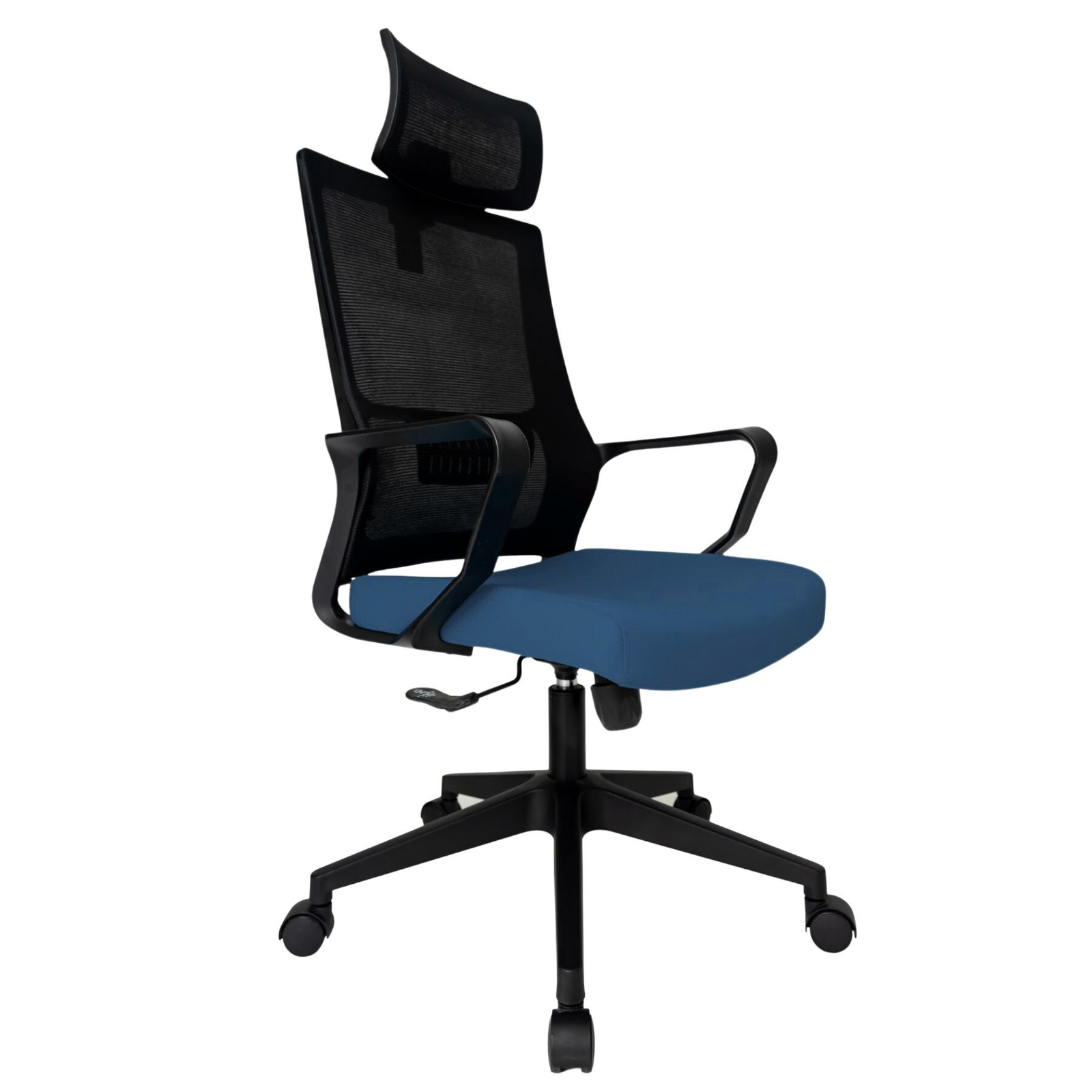 Silla Operativa Zoom Alta OffiMobile, asiento azul, estructura y malla negras, base negra, vista frontal oblicua.
