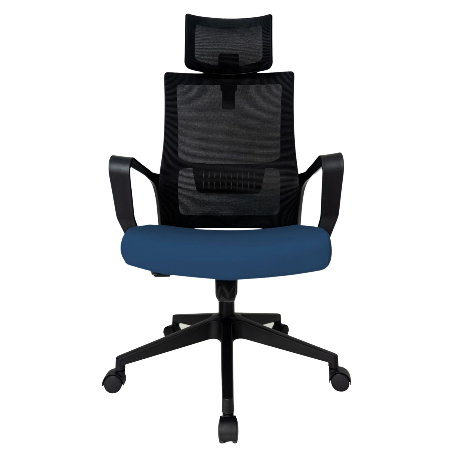 Silla Operativa Zoom Alta OffiMobile, asiento azul, estructura y malla negras, base negra, vista frontal.