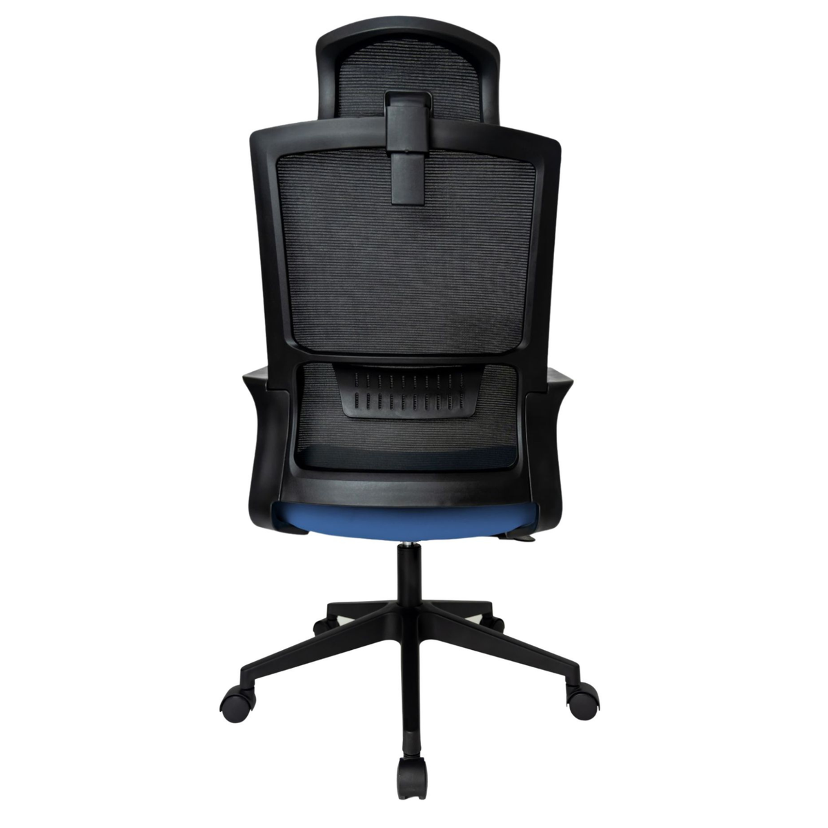Silla Operativa Zoom Alta OffiMobile, asiento azul, estructura y malla negras, base negra, vista posterior.