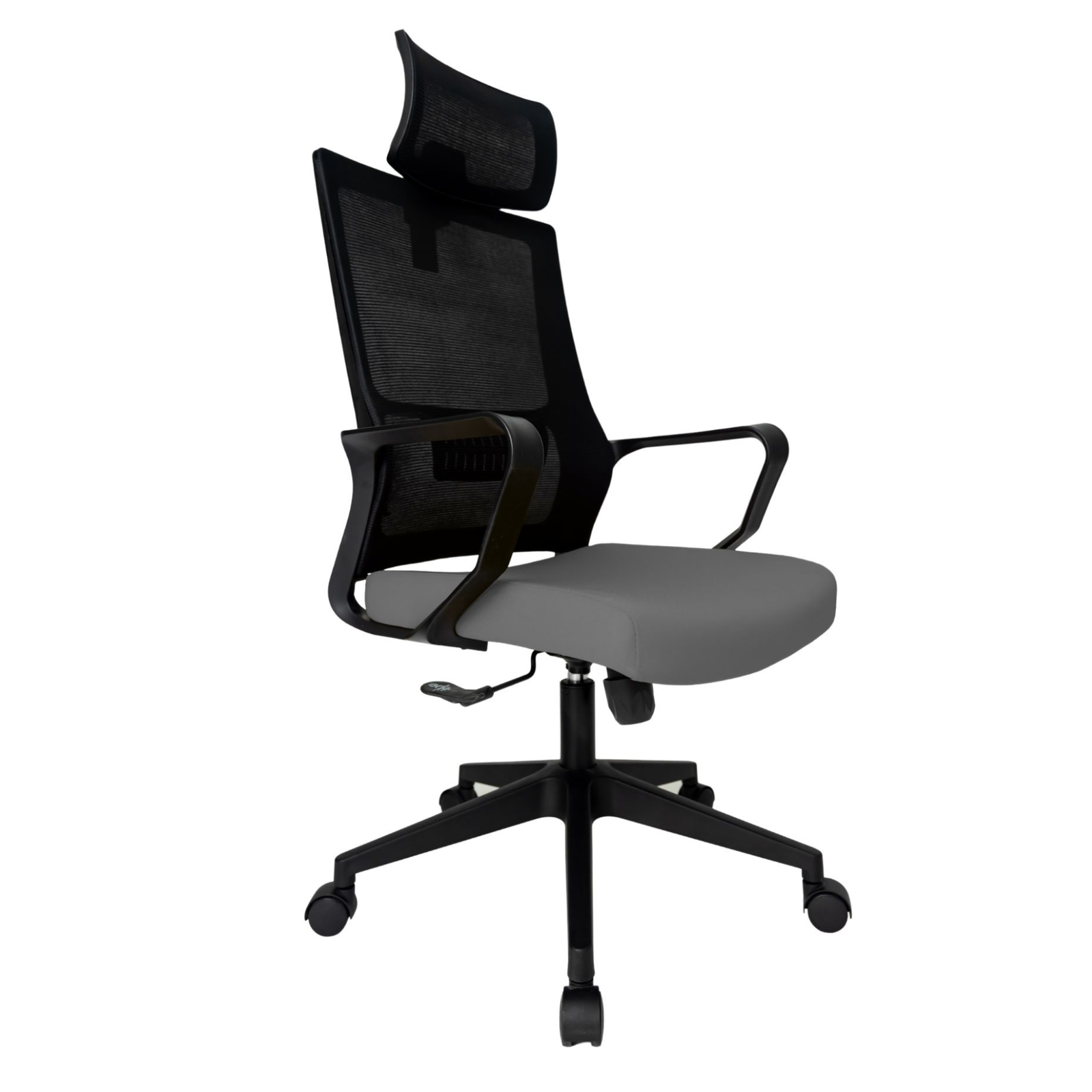 Silla Operativa Zoom Alta OffiMobile, asiento gris, estructura y malla negras, base negra, vista frontal oblicua.