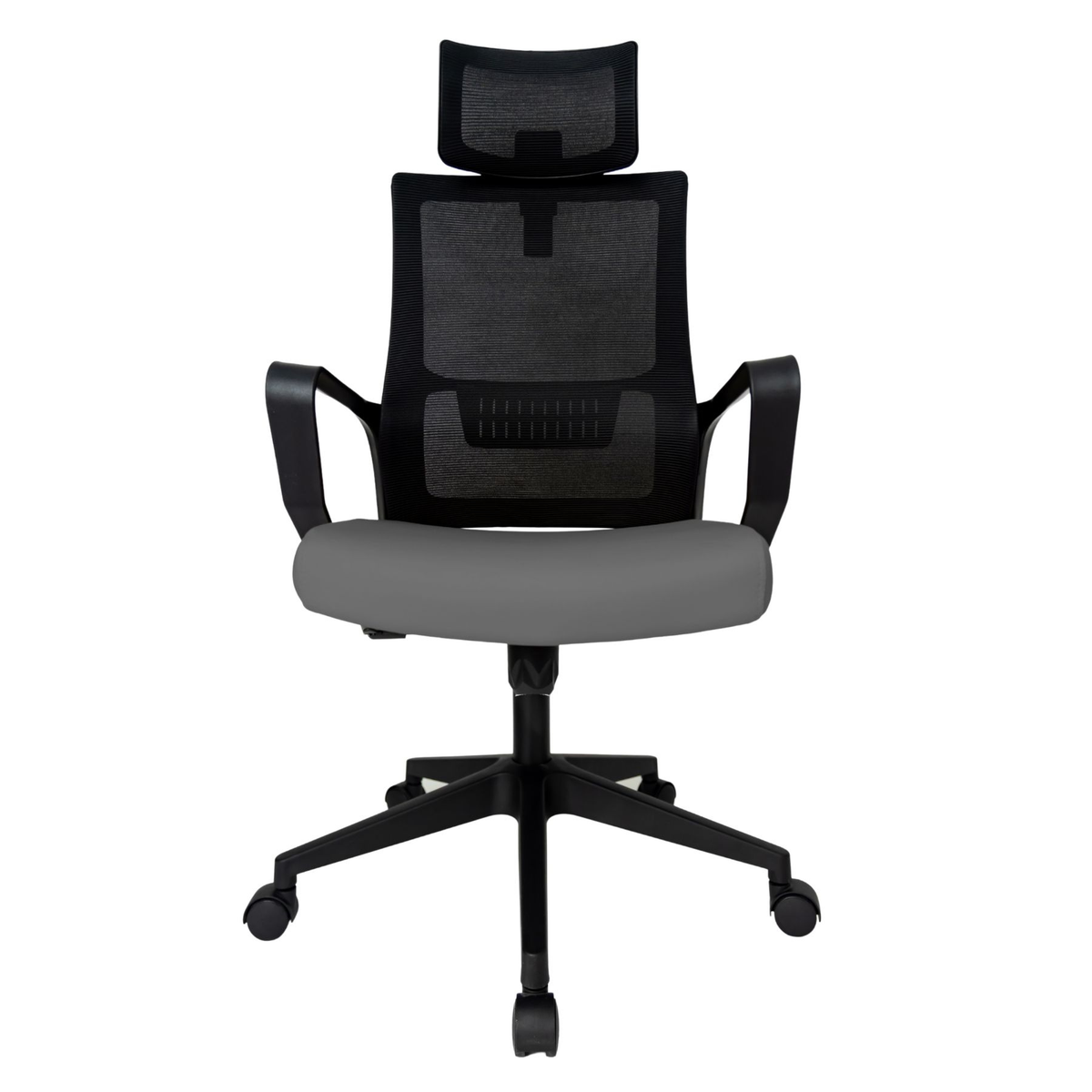 Silla Operativa Zoom Alta OffiMobile, asiento gris, estructura y malla negras, base negra, vista frontal.