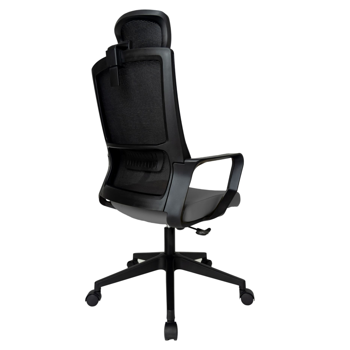 Silla Operativa Zoom Alta OffiMobile, asiento gris, estructura y malla negras, base negra, vista posterior oblicua.