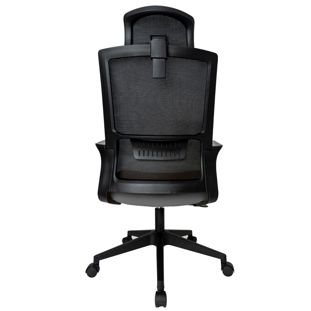 Silla Operativa Zoom Alta OffiMobile, asiento gris, estructura y malla negras, base negra, vista posterior.