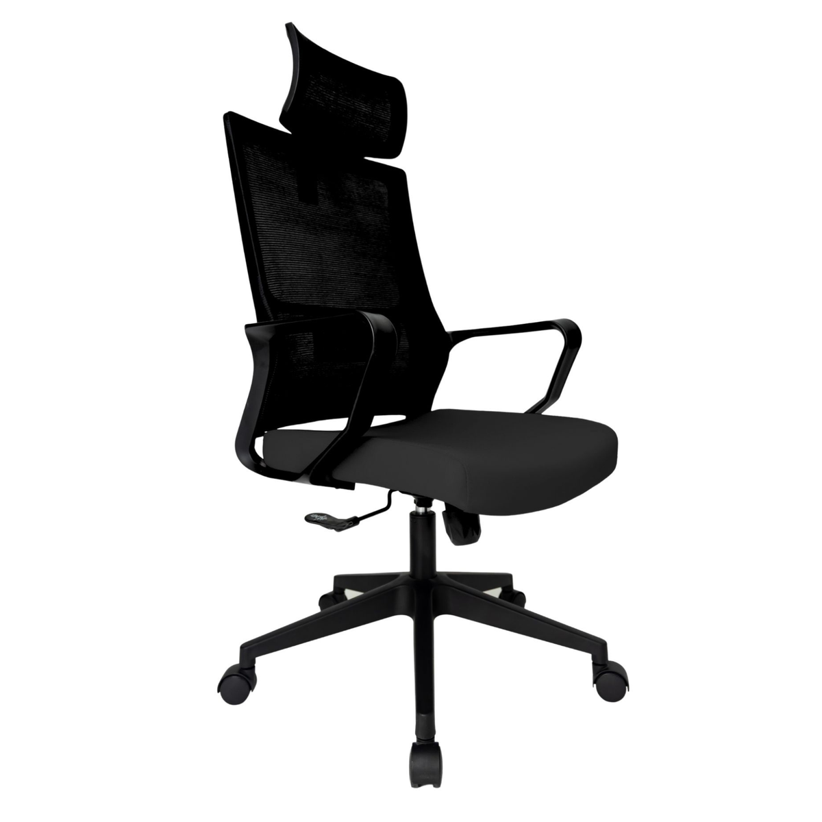 Silla Operativa Zoom Alta OffiMobile, asiento negro, estructura y malla negras, base negra, vista frontal oblicua.