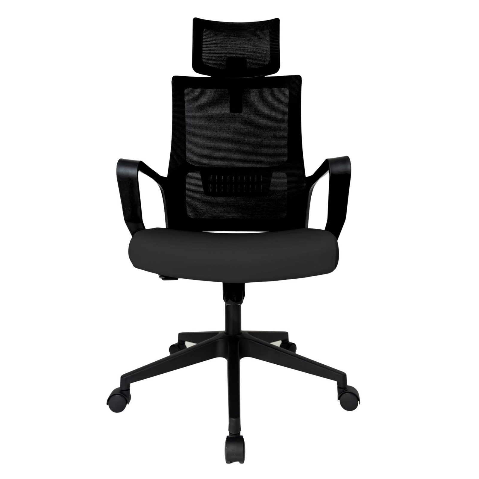 Silla Operativa Zoom Alta OffiMobile, asiento negro, estructura y malla negras, base negra, vista frontal.