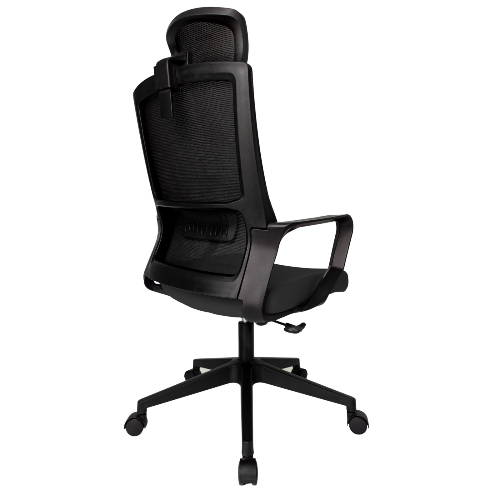 Silla Operativa Zoom Alta OffiMobile, asiento negro, estructura y malla negras, base negra, vista posterior oblicua.