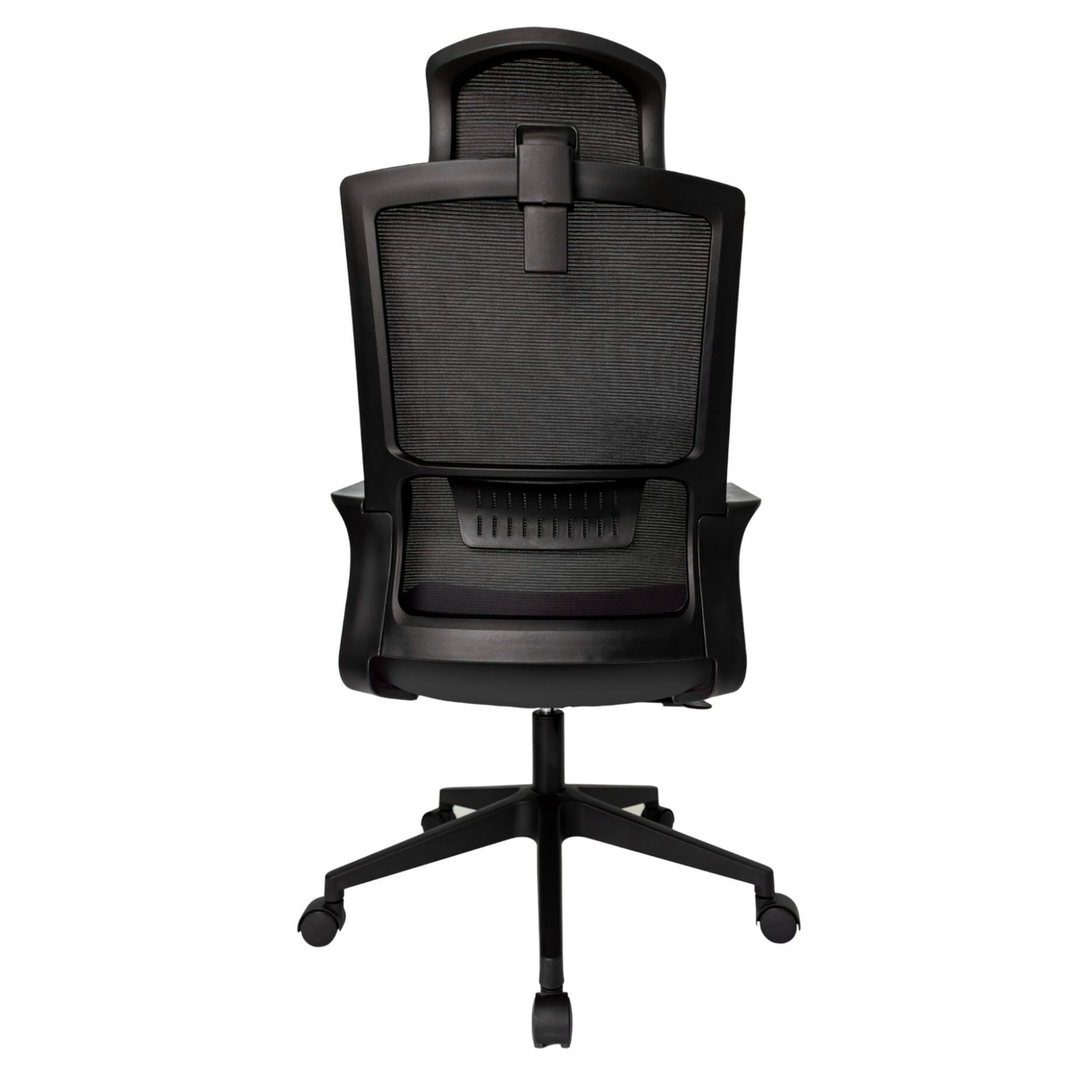 Silla Operativa Zoom Alta OffiMobile, asiento negro, estructura y malla negras, base negra, vista posterior.