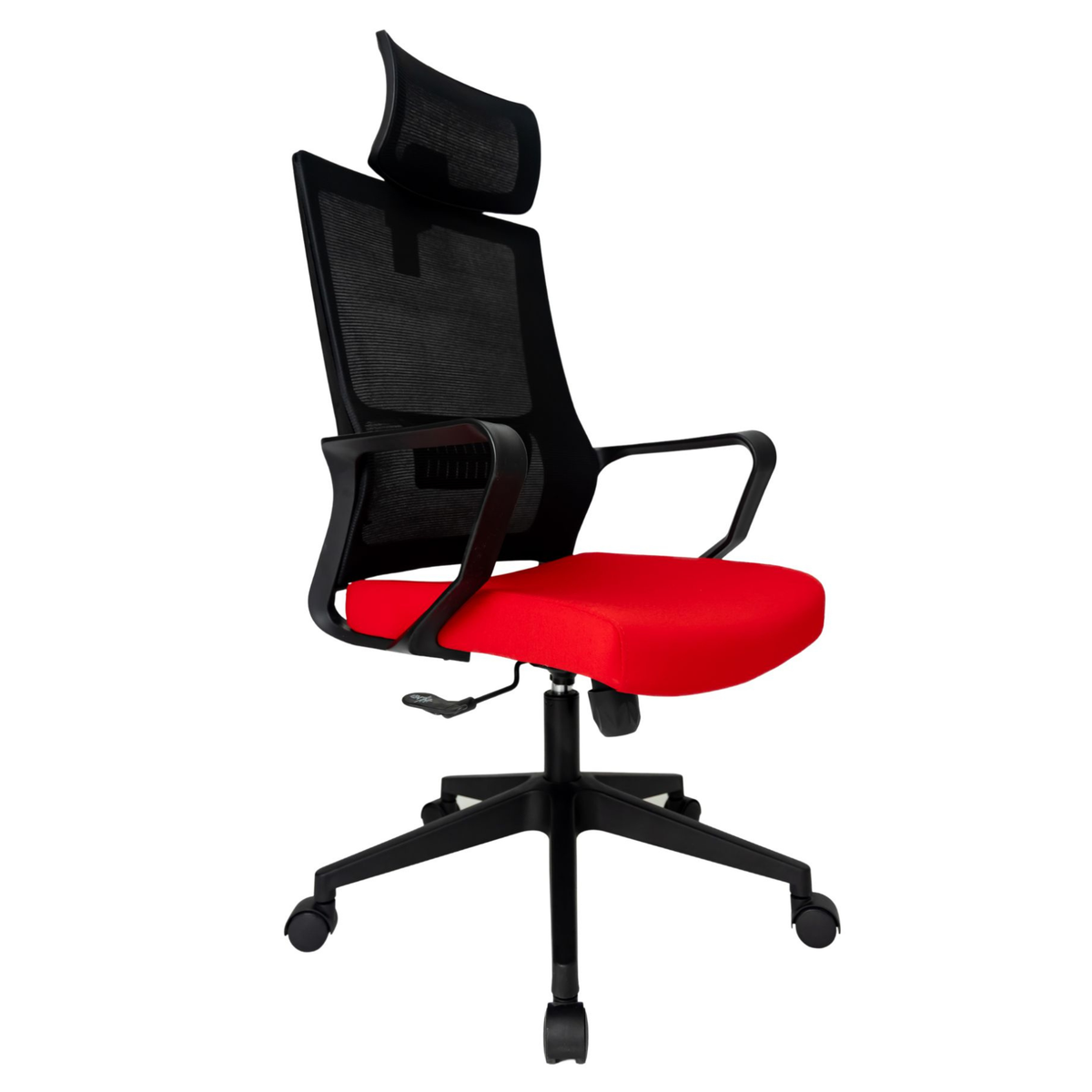 Silla Operativa Zoom Alta OffiMobile, asiento rojo, estructura y malla negras, base negra, vista frontal oblicua.