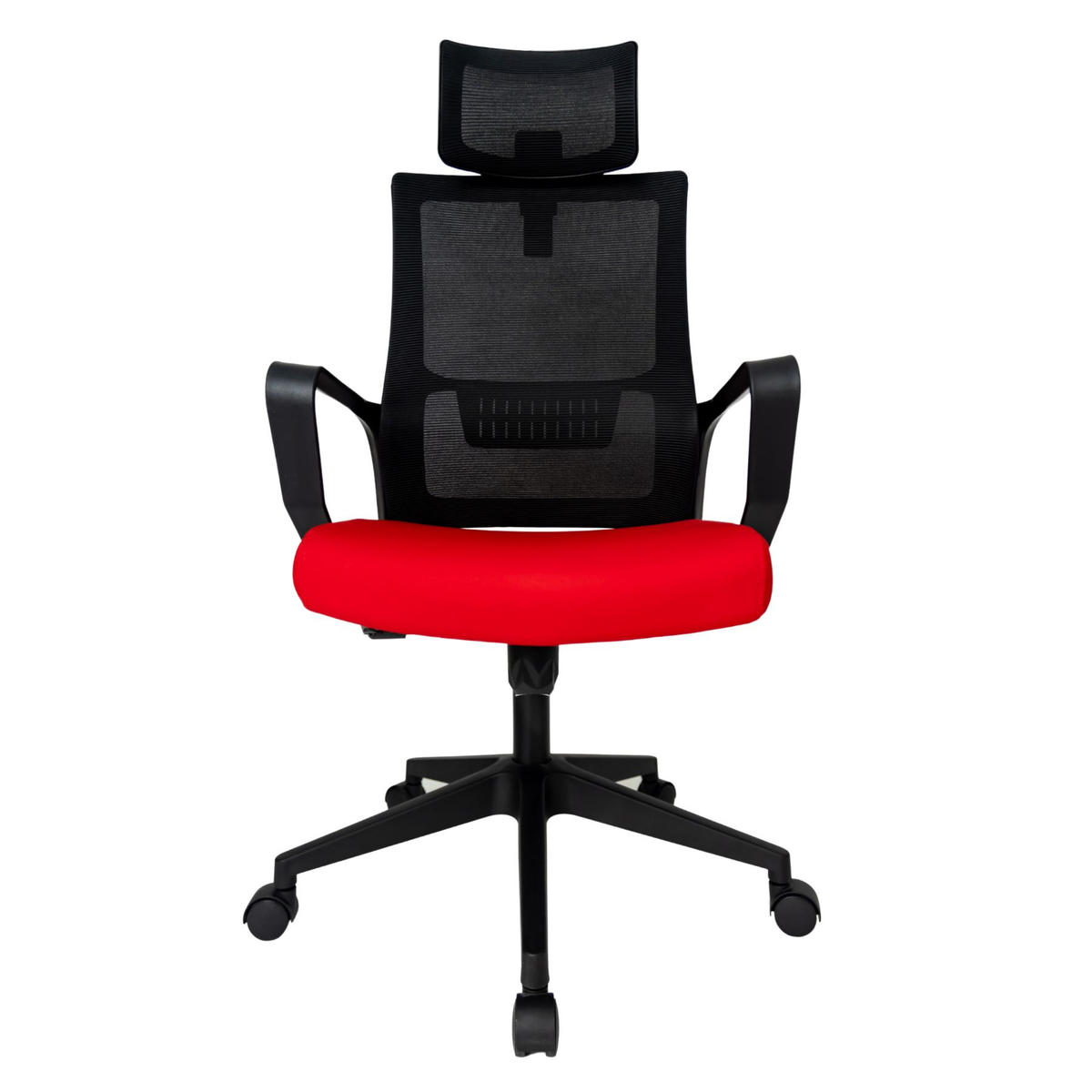Silla Operativa Zoom Alta OffiMobile, asiento rojo, estructura y malla negras, base negra, vista frontal.