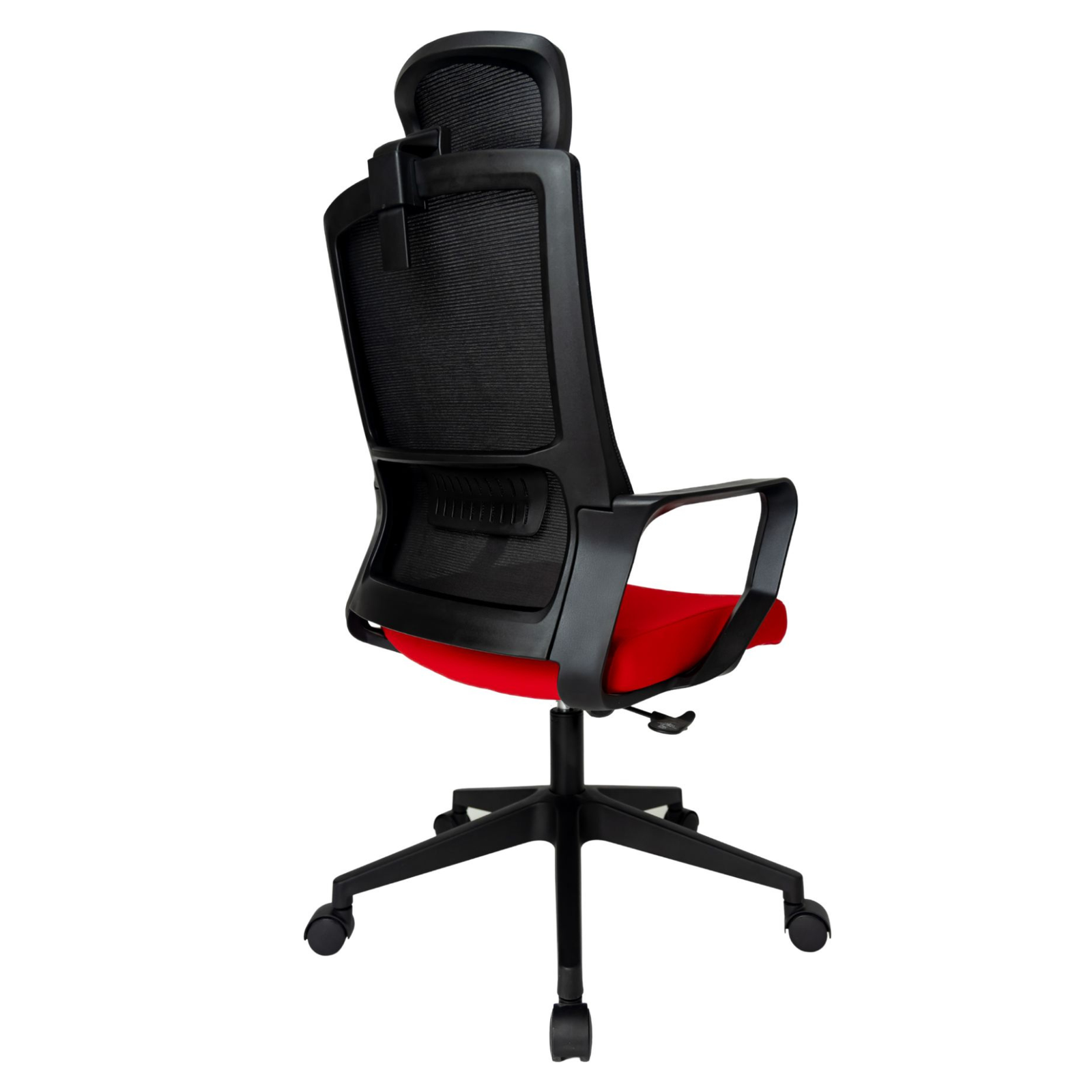 Silla Operativa Zoom Alta OffiMobile, asiento rojo, estructura y malla negras, base negra, vista posterior oblicua.