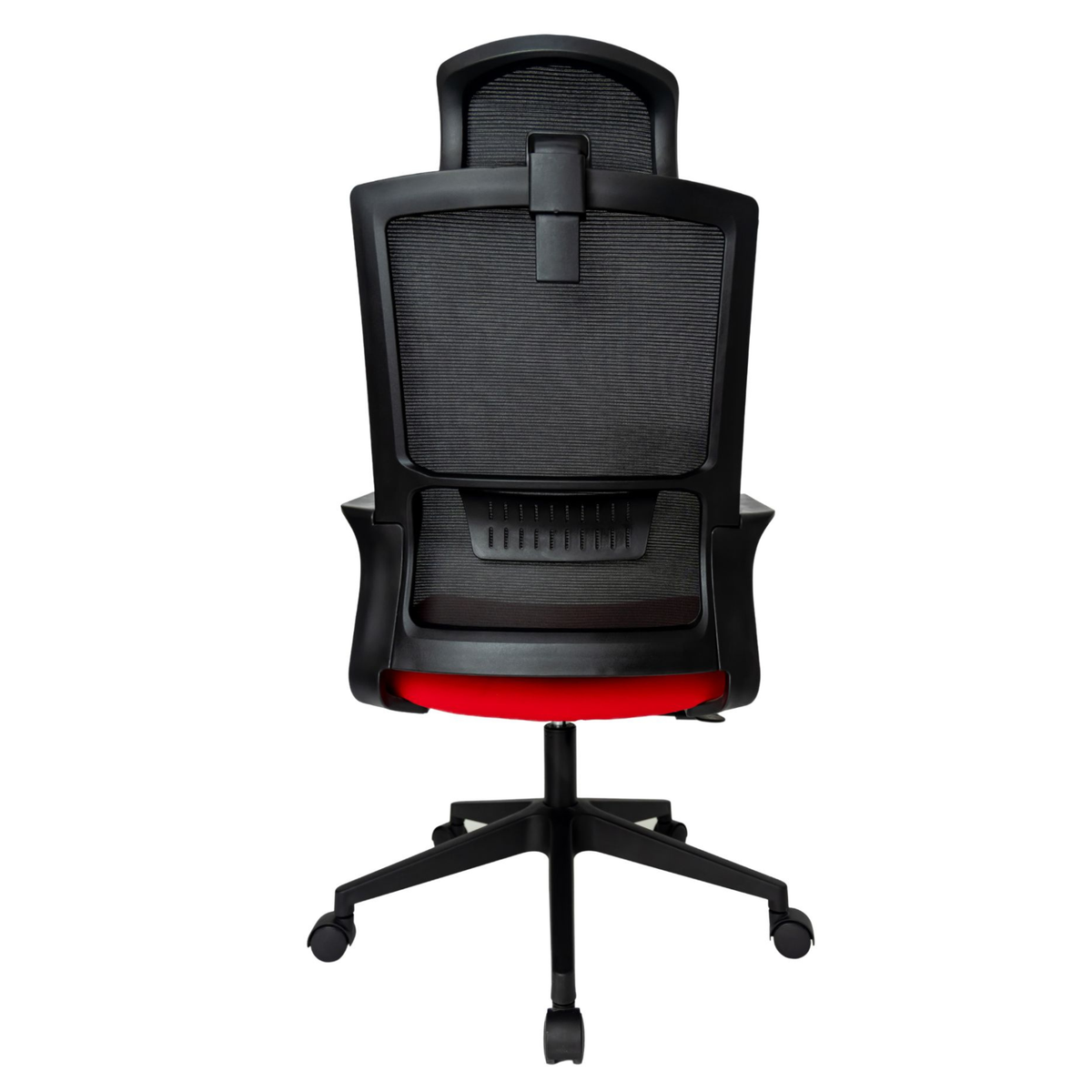 Silla Operativa Zoom Alta OffiMobile, asiento rojo, estructura y malla negras, base negra, vista posterior.