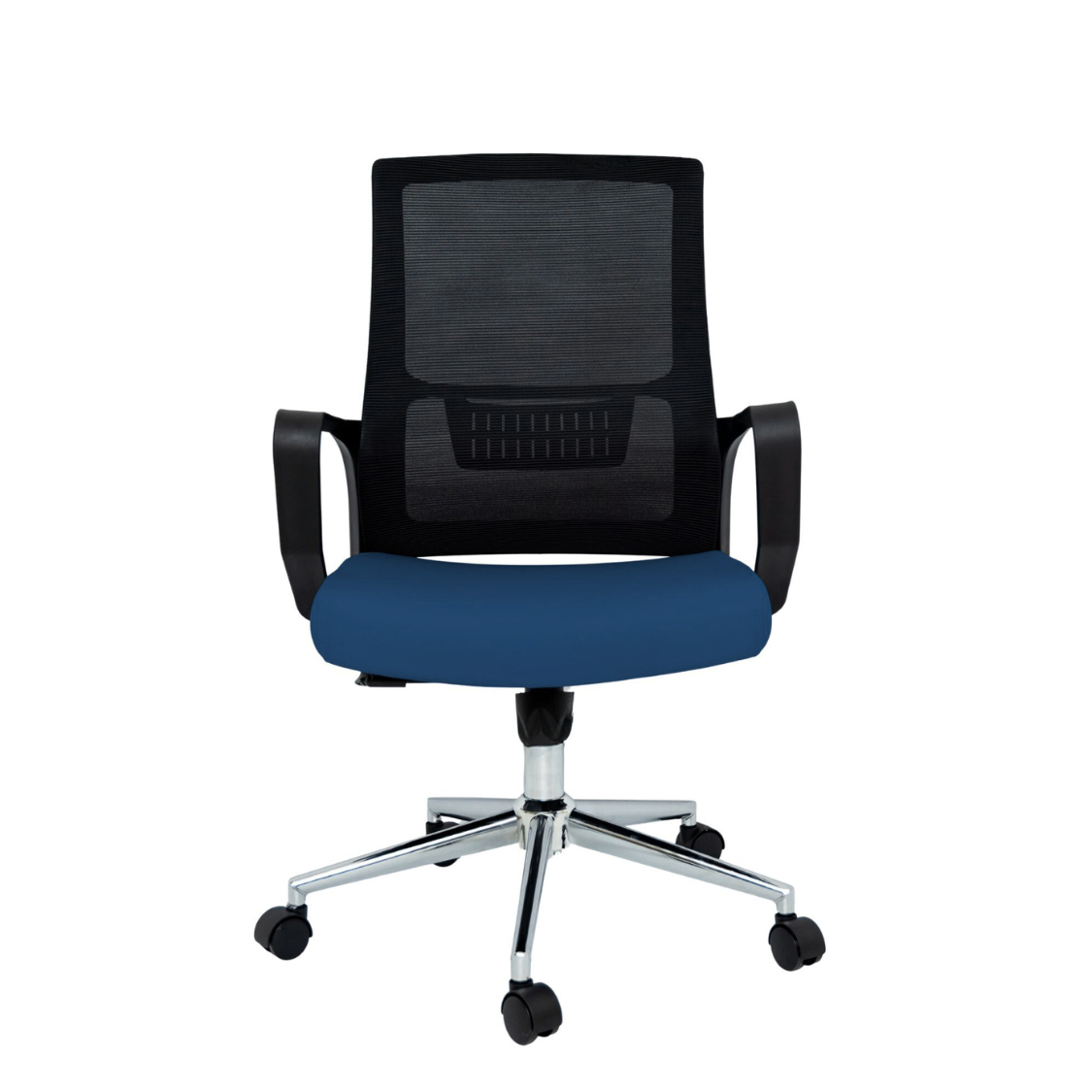 Silla Operativa Zoom Baja OffiMobile, asiento azul, estructura y malla negras, base cromada, vista frontal.