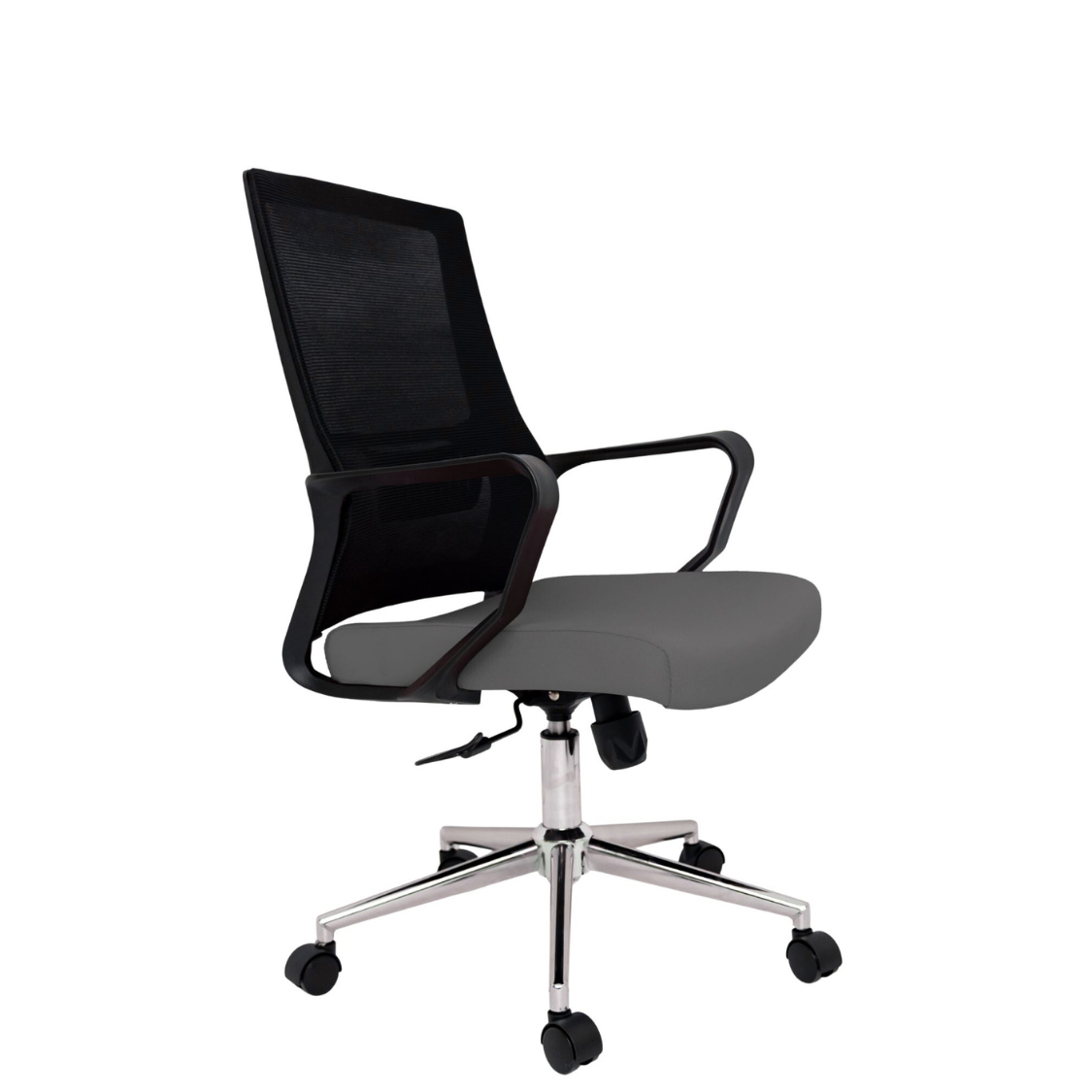 Silla Operativa Zoom Baja OffiMobile, asiento gris, estructura y malla negras, base cromada, vista frontal oblicua.