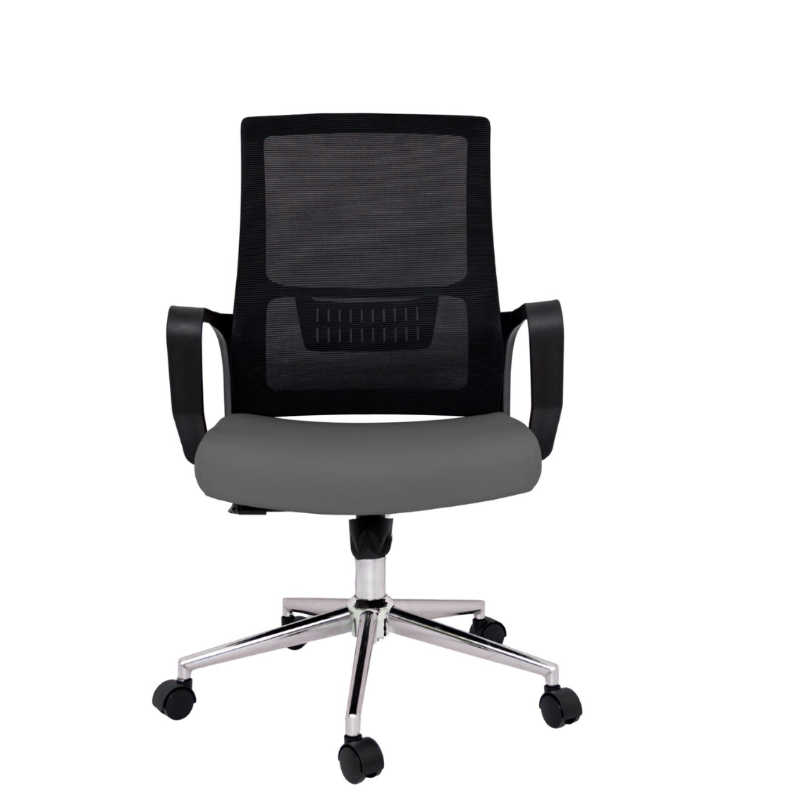 Silla Operativa Zoom Baja OffiMobile, asiento gris, estructura y malla negras, base cromada, vista frontal.