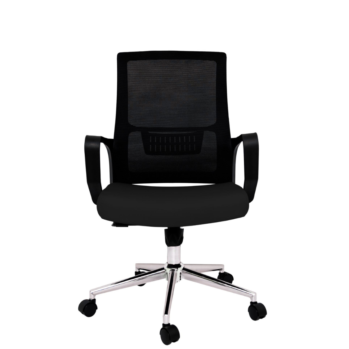 Silla Operativa Zoom Baja OffiMobile, asiento negro, estructura y malla negras, base cromada, vista frontal.