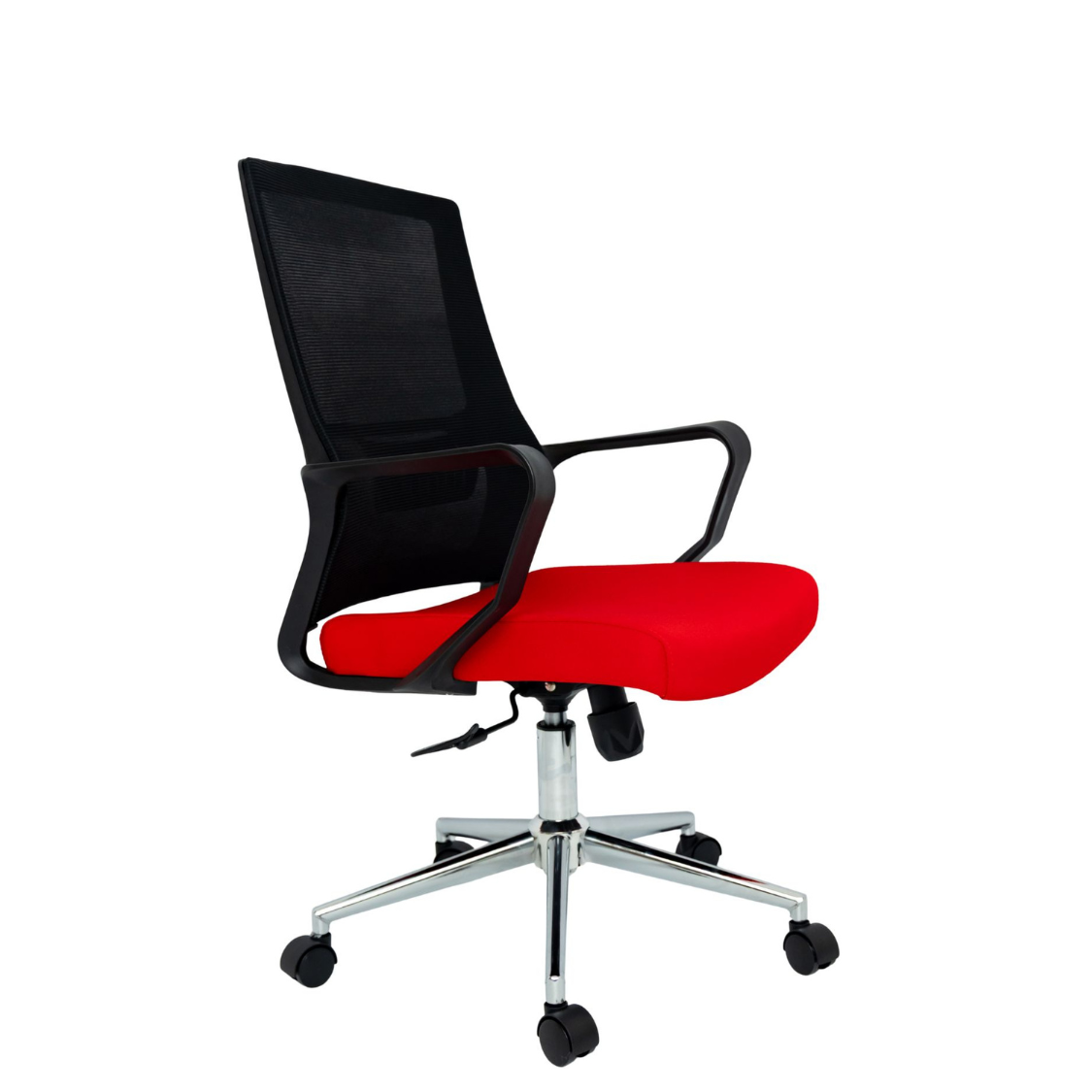 Silla Operativa Zoom Baja OffiMobile, asiento rojo, estructura y malla negras, base cromada, vista frontal oblicua.