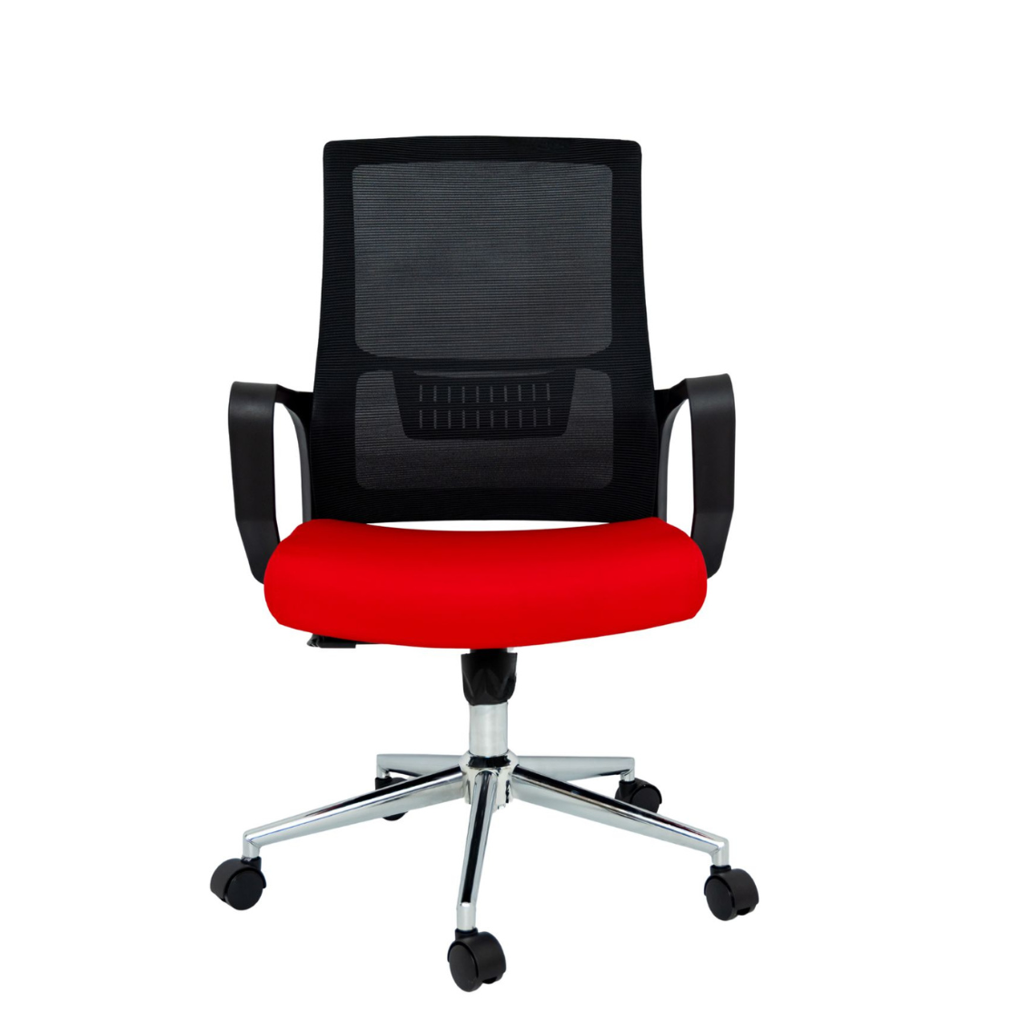 Silla Operativa Zoom Baja OffiMobile, asiento rojo, estructura y malla negras, base cromada, vista frontal.